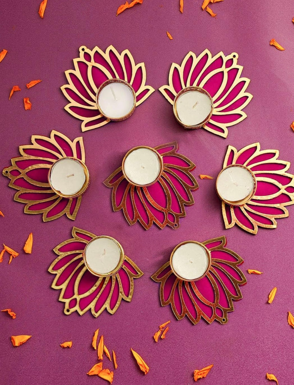 Decorative Lotus Tealight Candle Holder Stand Set Of 7 - Decoration Items For Home Decor Diyas Indoor Outdoor Office Gifting.