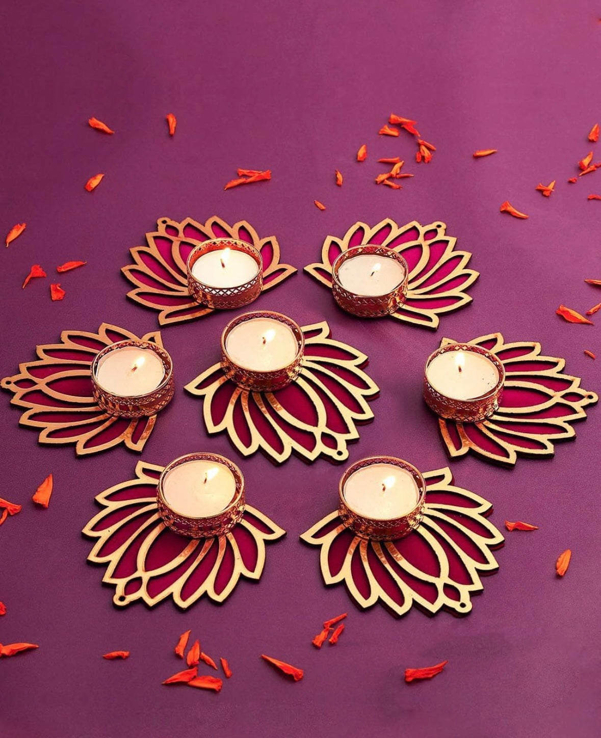 Decorative Lotus Tealight Candle Holder Stand Set Of 7 - Decoration Items For Home Decor Diyas Indoor Outdoor Office Gifting.