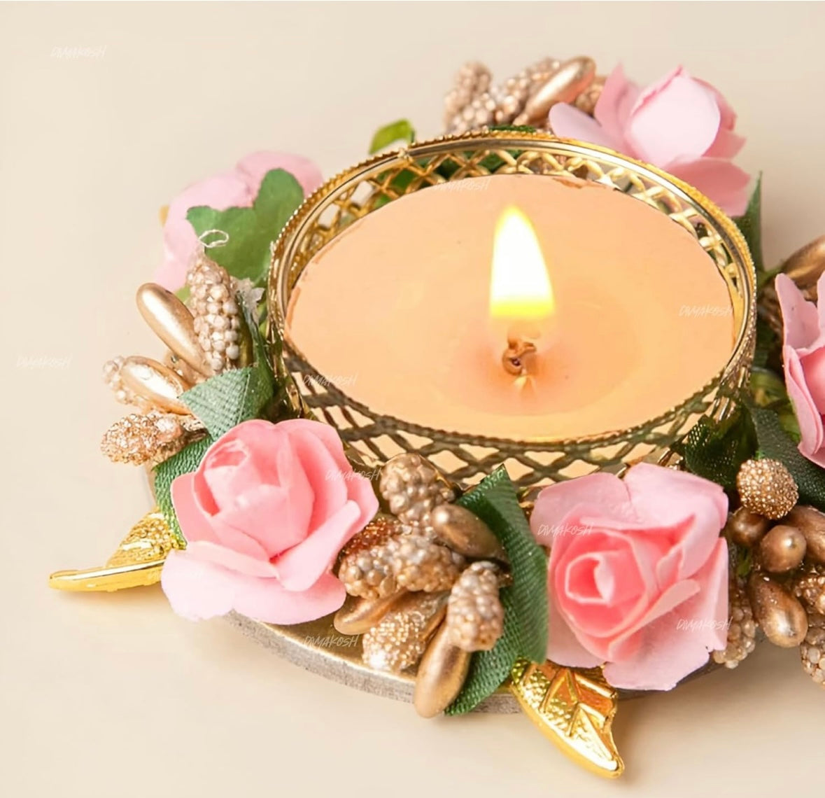 Flower Tea Light Holder Set of 6 Pcs with Wax Candle, Light Candle Holder Stand for Diwali, Rangoli, Handmade Tlight for Deepawali Decoration, Diya for Home Decor|Designer Candle Holders