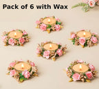 Flower Tea Light Holder Set of 6 Pcs with Wax Candle, Light Candle Holder Stand for Diwali, Rangoli, Handmade Tlight for Deepawali Decoration, Diya for Home Decor|Designer Candle Holders