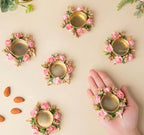 Flower Tea Light Holder Set of 6 Pcs with Wax Candle, Light Candle Holder Stand for Diwali, Rangoli, Handmade Tlight for Deepawali Decoration, Diya for Home Decor|Designer Candle Holders
