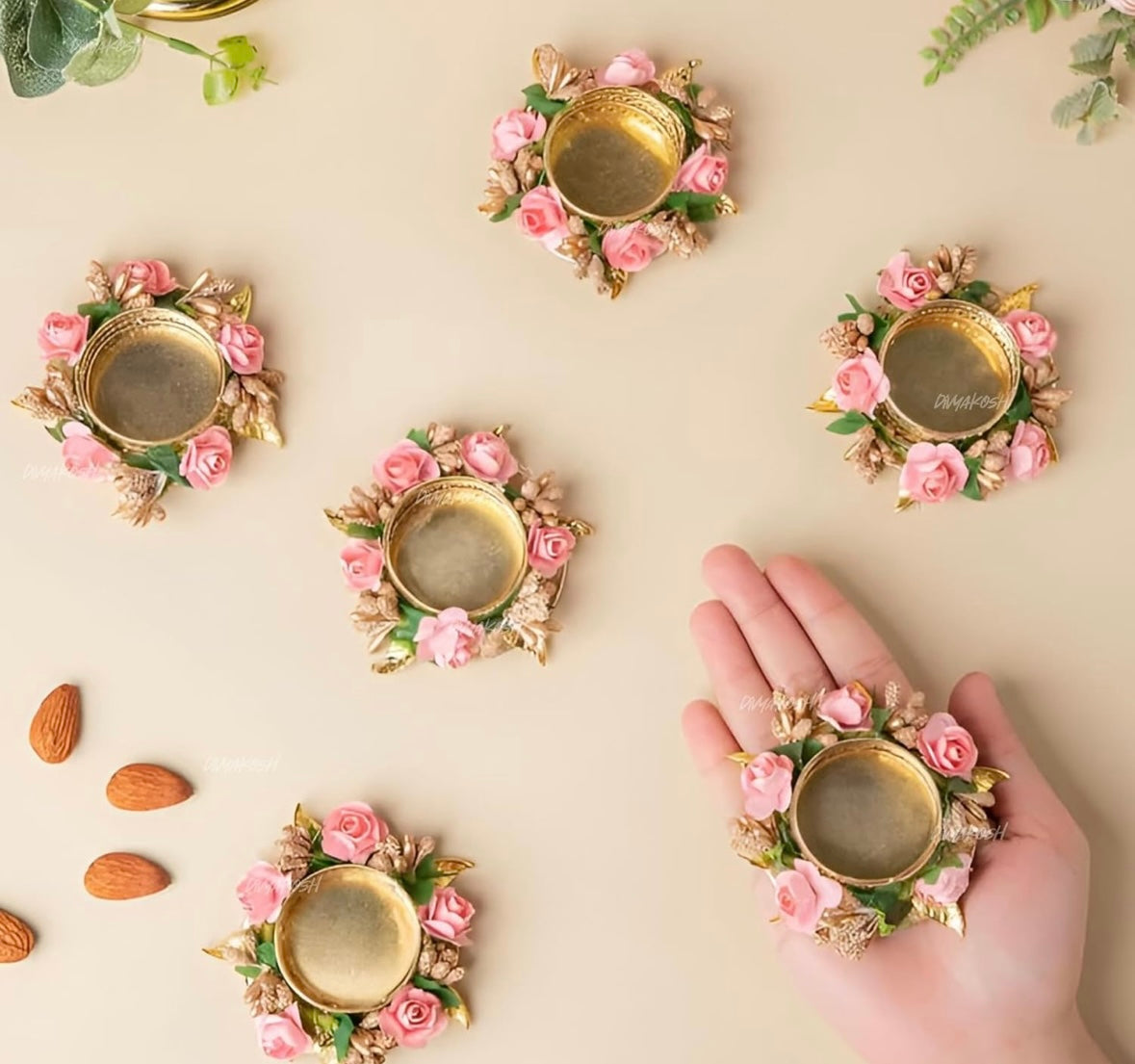 Flower Tea Light Holder Set of 6 Pcs with Wax Candle, Light Candle Holder Stand for Diwali, Rangoli, Handmade Tlight for Deepawali Decoration, Diya for Home Decor|Designer Candle Holders