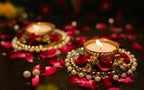 Metal Tea Light Candle Holder And Diwali Decoration Items Traditional Designer Golden Diya With Red Flowers For Home Décor Set Of 2